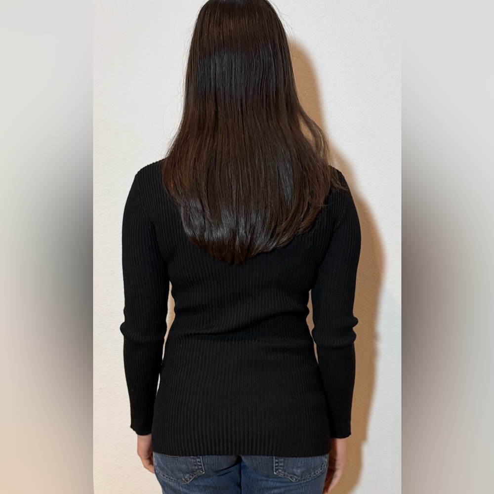 Black Ribbed Long Sweater with Rhinestone Embellishment - Picture 10 of 10